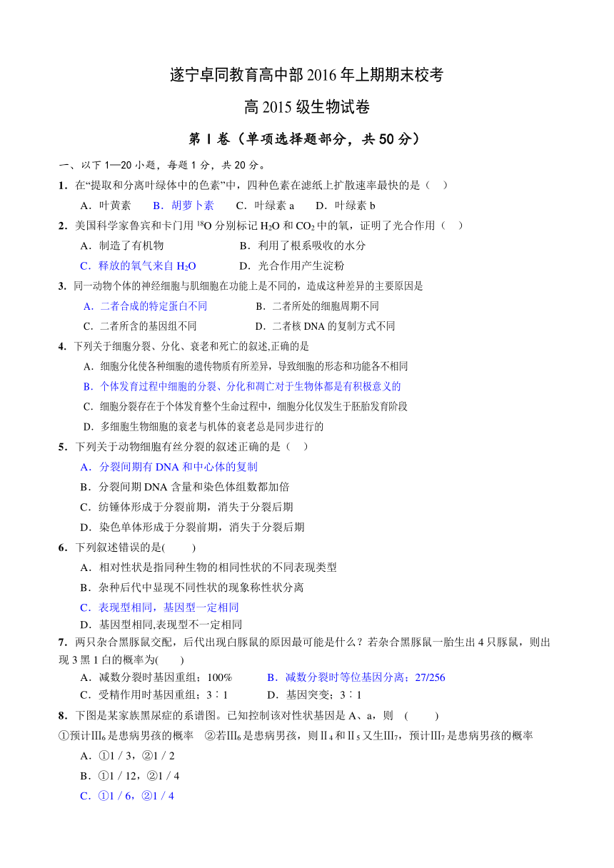 四川省遂宁市卓同教育高中部（安居育才中学）2015-2016学年高一下学期期末考试生物试题