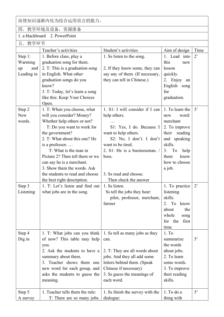 Unit 10 Get Ready for the Future Lesson 59 Keep Your Choices Open 教案