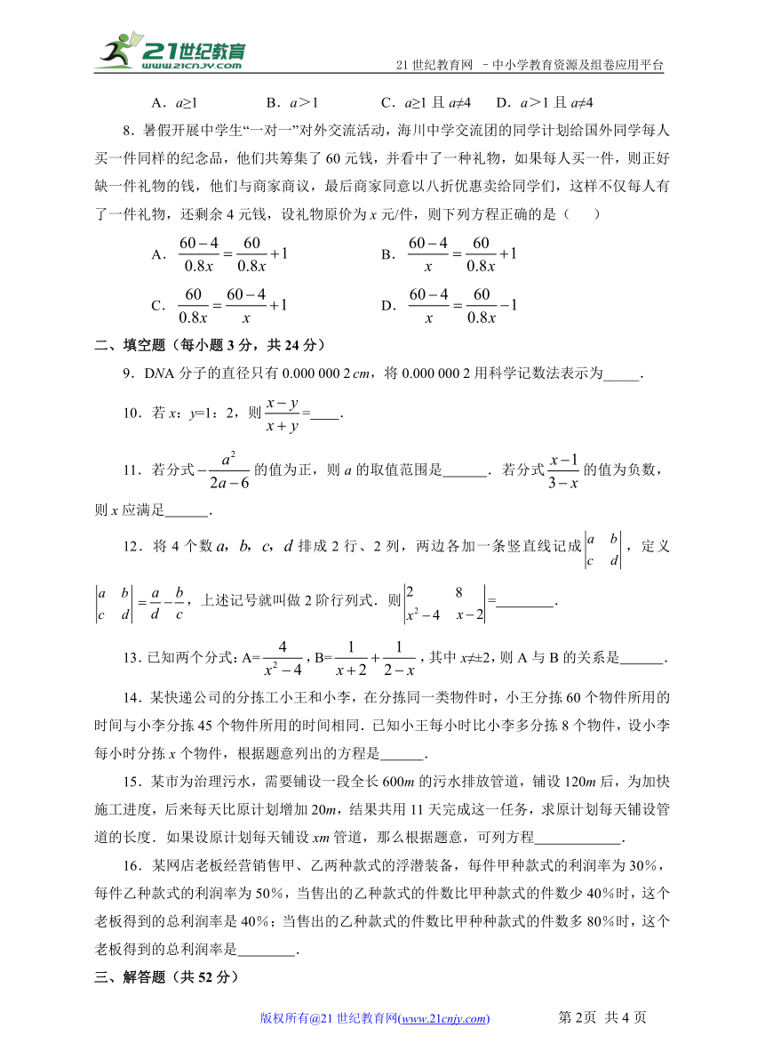 人教版八年级上册期末专题复习10 第15章分式（提升卷）