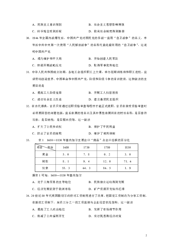 广东省广州市2020届高三年级3月阶段训练题文综历史试题（Word版）