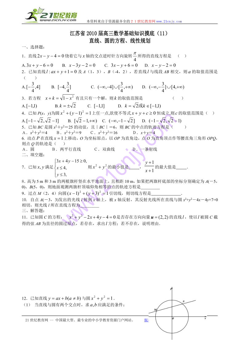 江苏省2010届高三数学基础知识摸底（11）