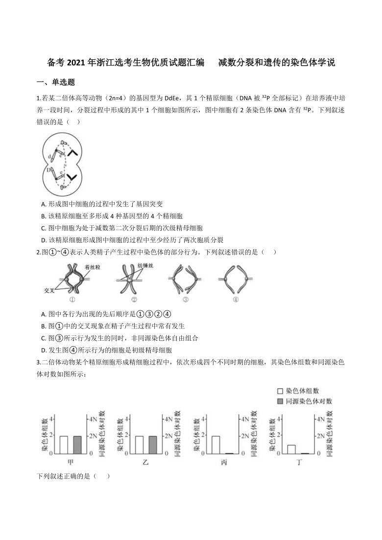 备考2021年浙江选考生物试题汇编   减数分裂和遗传的染色体学说