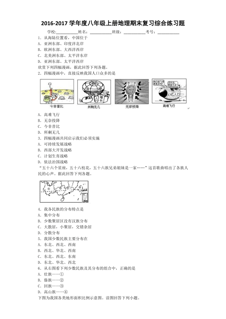 2016-2017学年度八年级上册地理期末复习综合练习题（含答案）