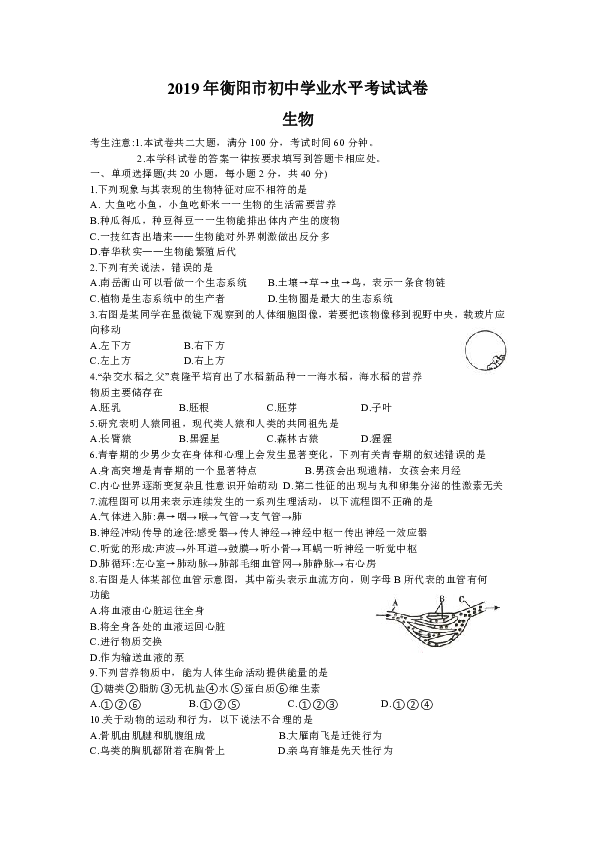 2019年湖南省衡阳市初中学业水平考试生物试题（word版无答案）