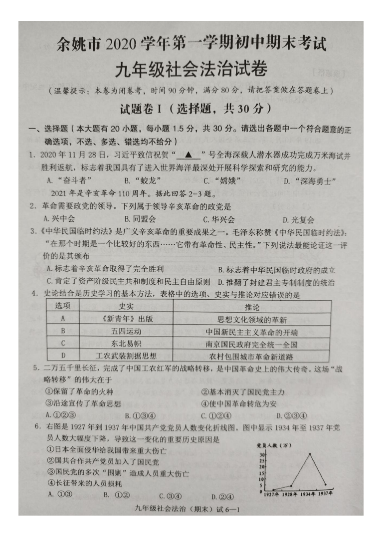 浙江省宁波市余姚市2020-2021学年第一学期九年级社会法治期末考试试题（图片版，含答案）