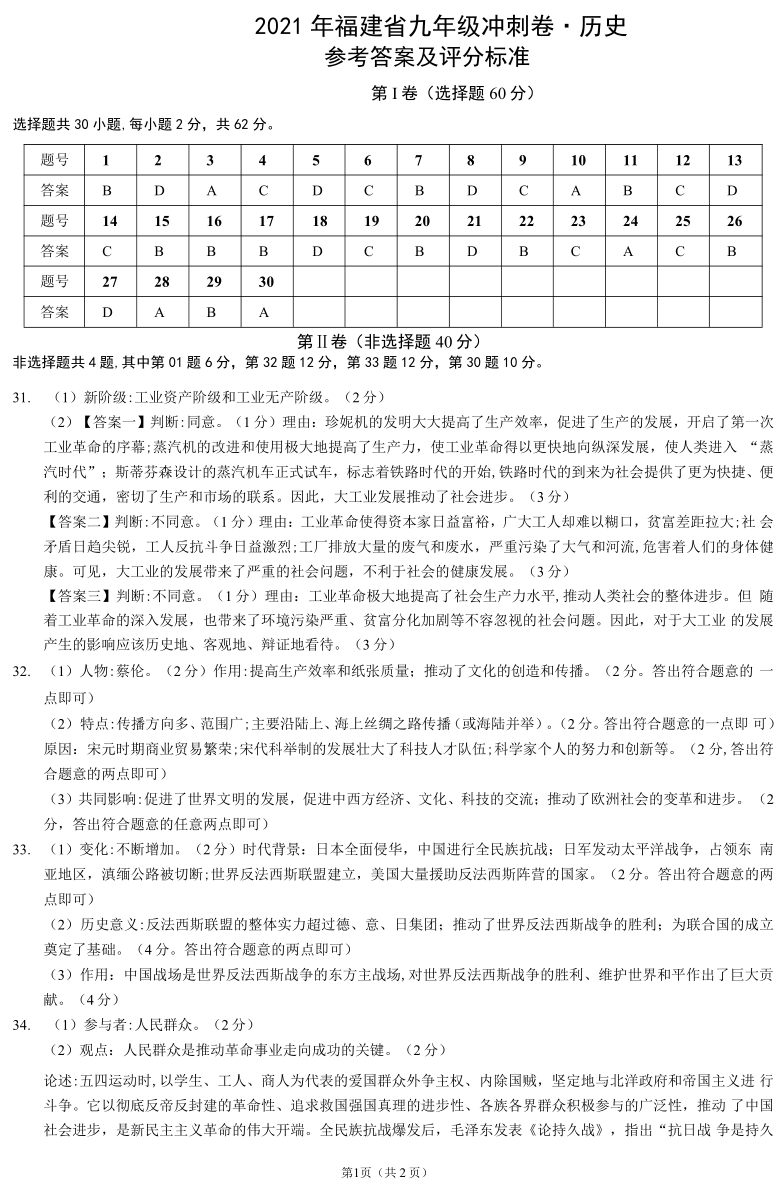 2021年福建省中考历史冲刺试卷pdf版含答案