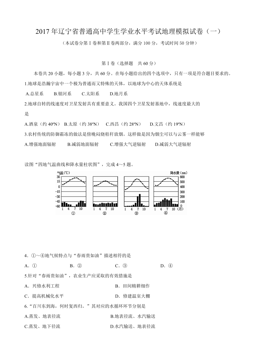 辽宁省大连市2016-2017学年普通高中学生学业水平考试地理模拟试题（一） Word版含答案