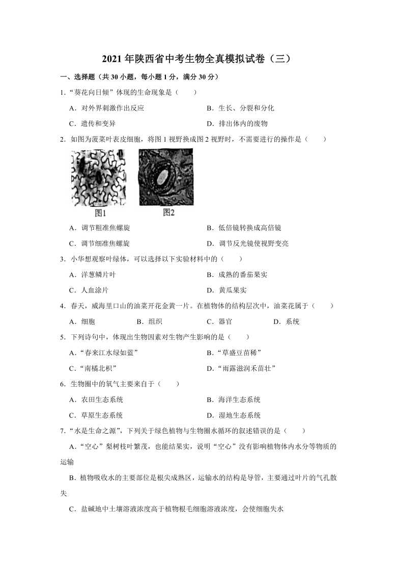 2021年陕西省中考生物全真模拟试卷（三）（word版含答案解析）