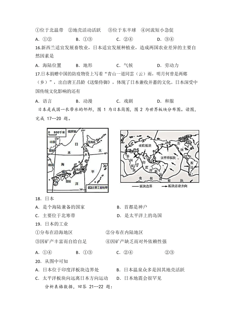 人教版（新课程标准）2020-2021学年七年级地理下学期3月地理阶段检测（Word版含答案）