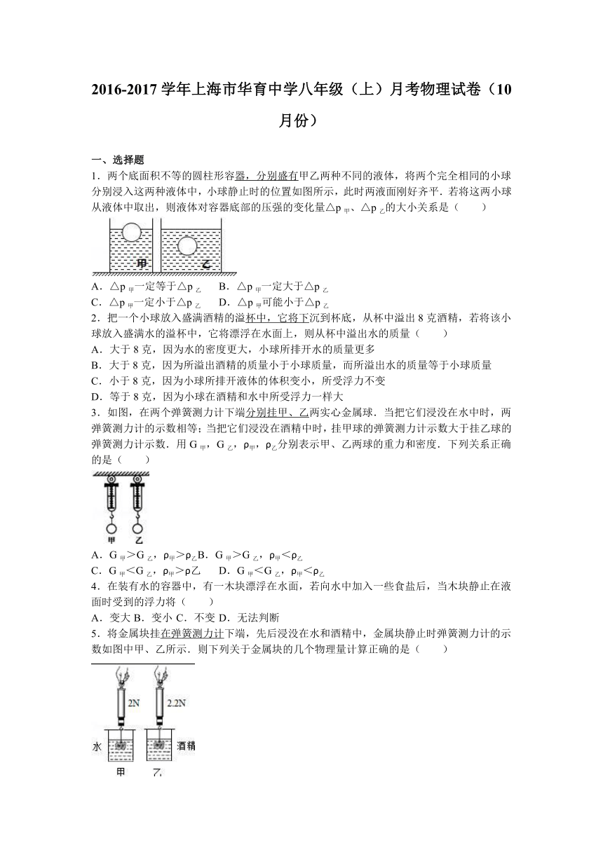 上海市华育中学2016-2017学年八年级（上）月考物理试卷（10月份）（解析版）