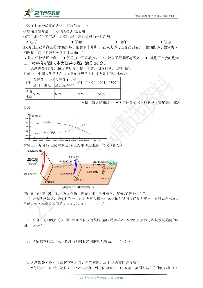 （优化检测系列）第七单元 工业革命与马克思主义的诞生 能力提升卷（含中考真题）