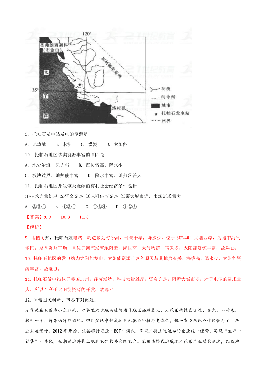 2018届四川省成都外国语学校高三12月月考地理试卷（解析版）