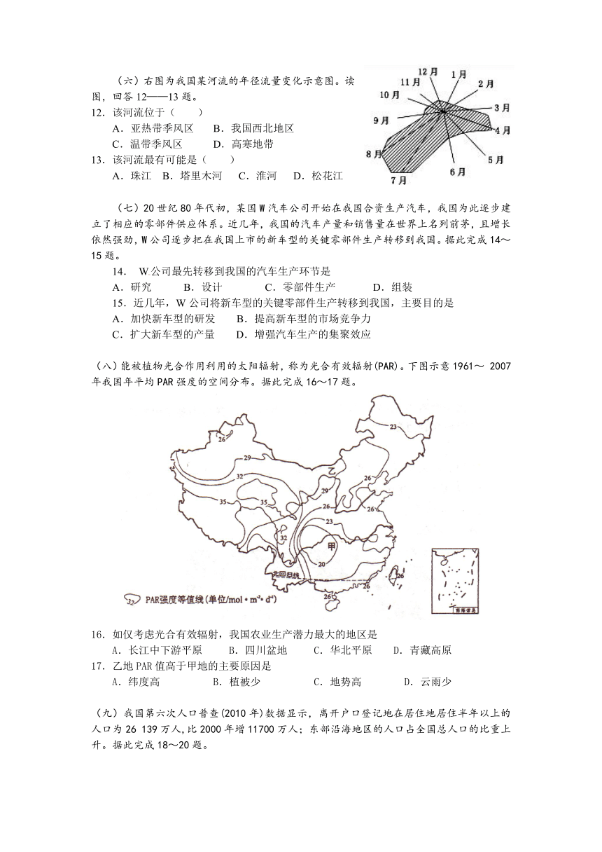 上海市奉贤区2013年高考二模地理试题