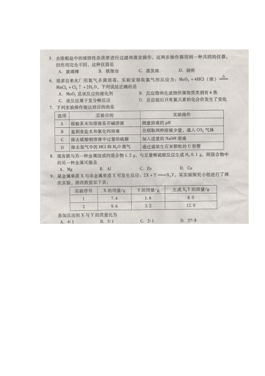 四川省绵阳市2014年中考化学试题（扫描版）