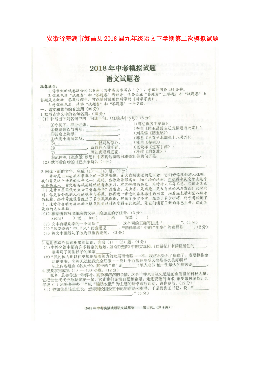 安徽省芜湖市繁昌县2018届九年级语文下学期第二次模拟试题（扫描版）