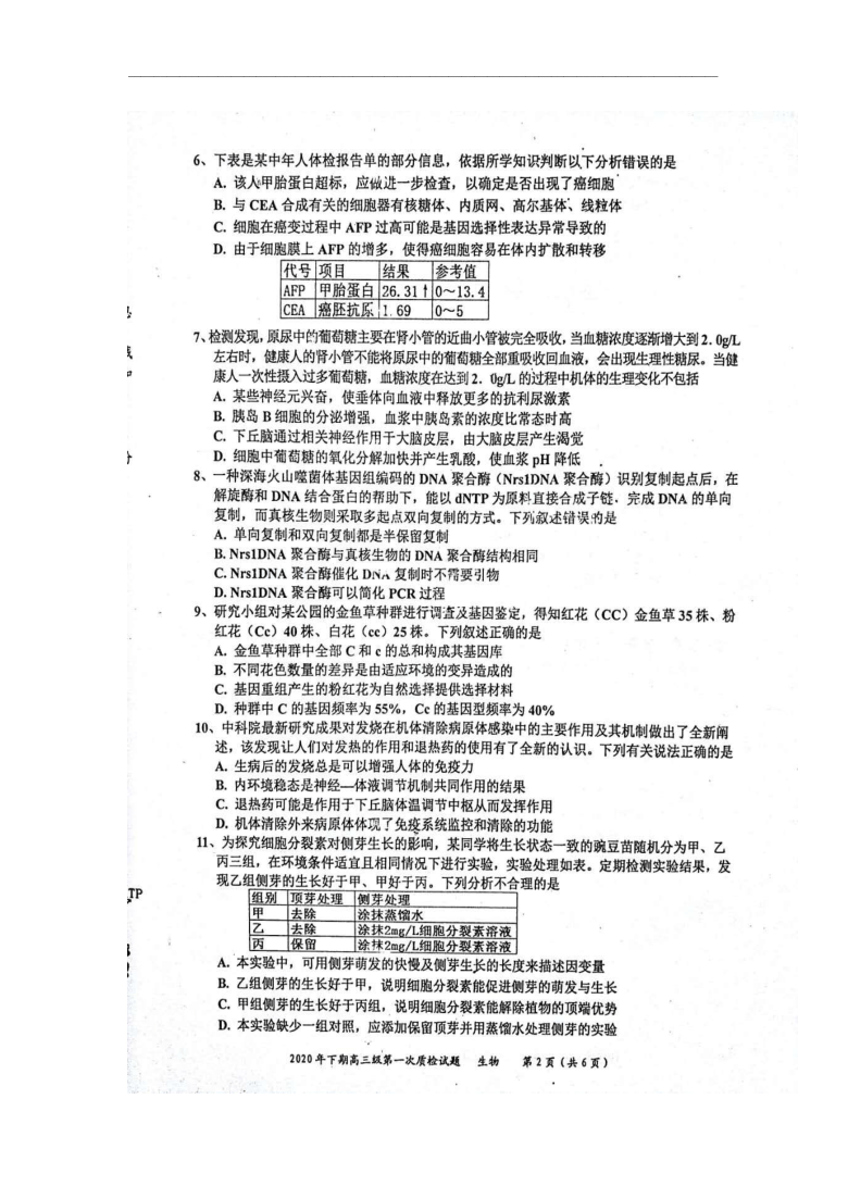 广东省梅州市丰顺县2021届高三第一次质检生物试题 图片版含答案