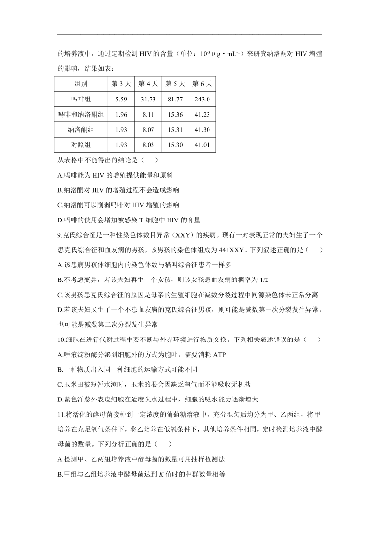 2021届高三下学期4月新高考生物模拟培优卷（八）（福建专版） Word版含答案