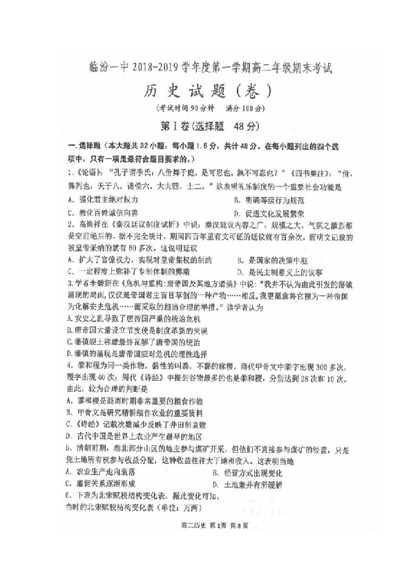 山西省临汾第一中学2018-2019学年高二下学期期末考试历史试题 扫描版含答案