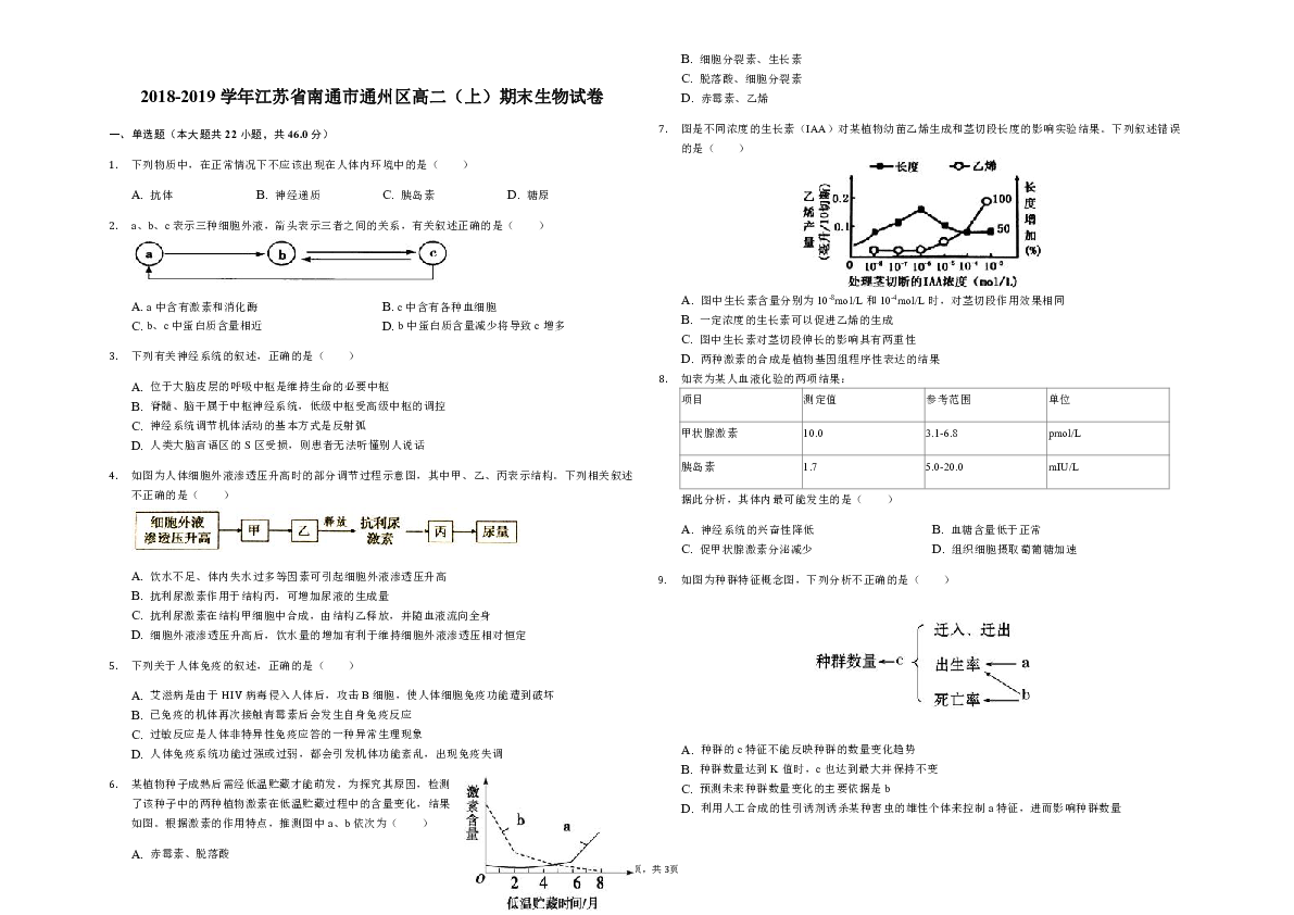 2018-2019学年江苏省南通市通州区高二（上）期末生物试卷（解析版）