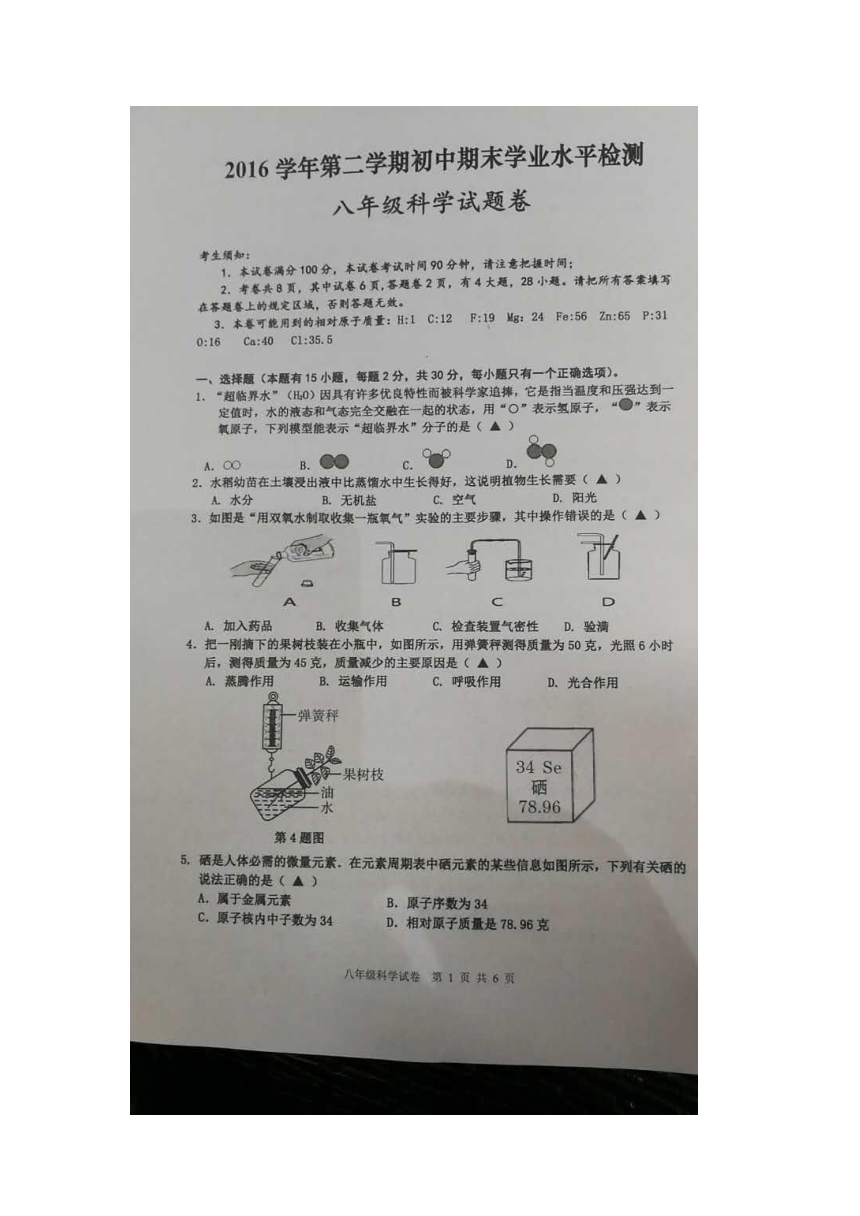 浙江省温州市平阳县2016-2017学年八年级下学期期末科学试卷（图片版）