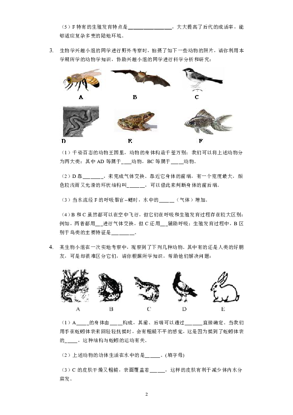 第二章第二节    脊椎动物的主要类群识图作答题专项训练（含答案）