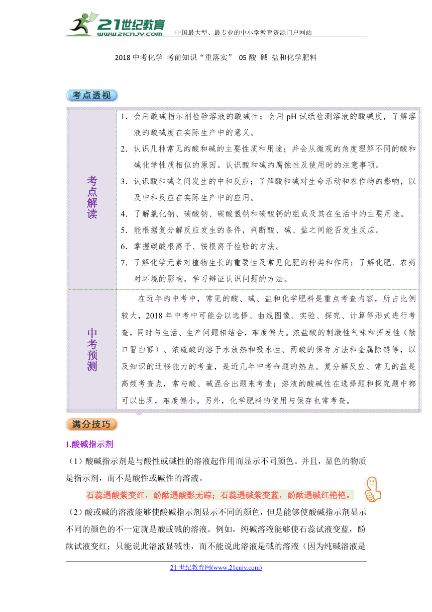 2018中考化学 考前知识“重落实” 05酸 碱 盐和化学肥料