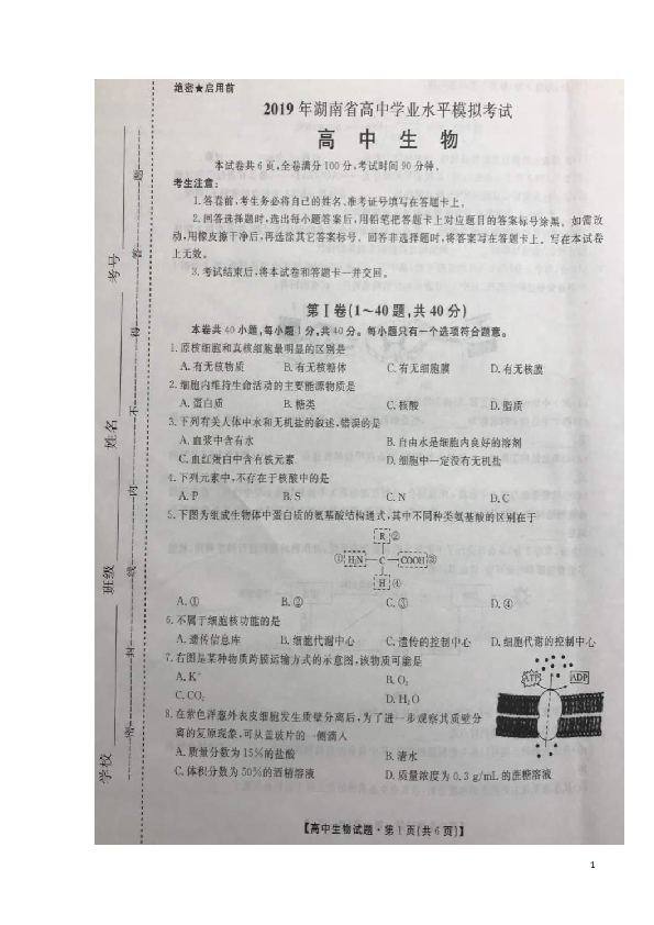 湖南省2018-2019学年高二4月学业模拟考试考试生物试题（扫描版）
