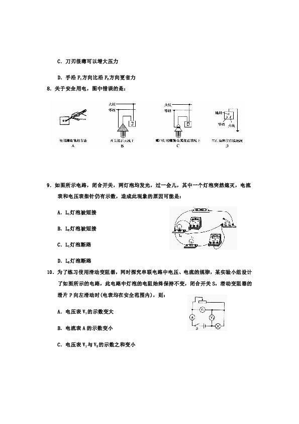 四川省乐山市沙湾区2019年初中毕业调研考试（二调）九年级物理试题及答案