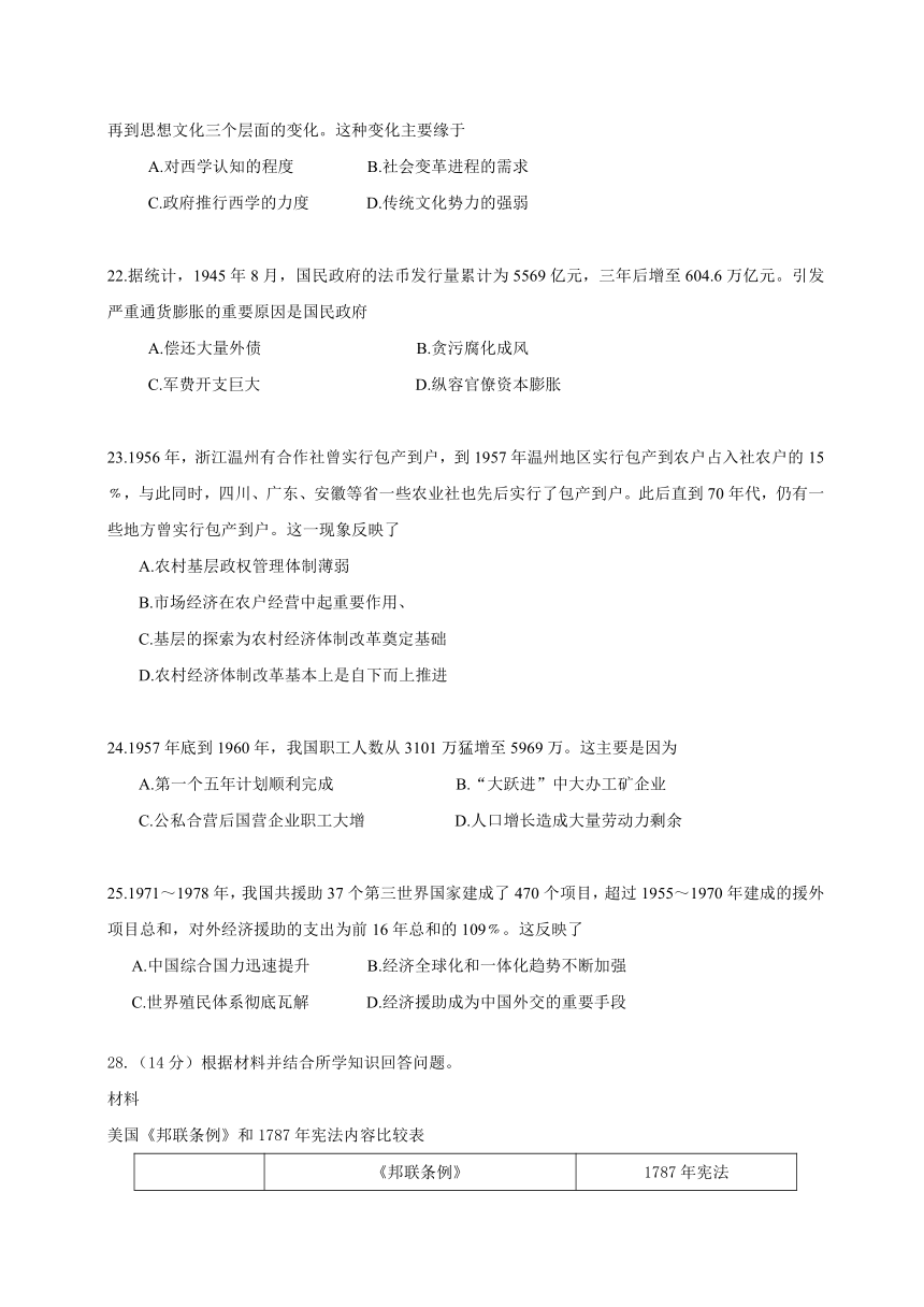 海南省历史卷文档版（有答案）-2015年普通高等学校招生统一考试