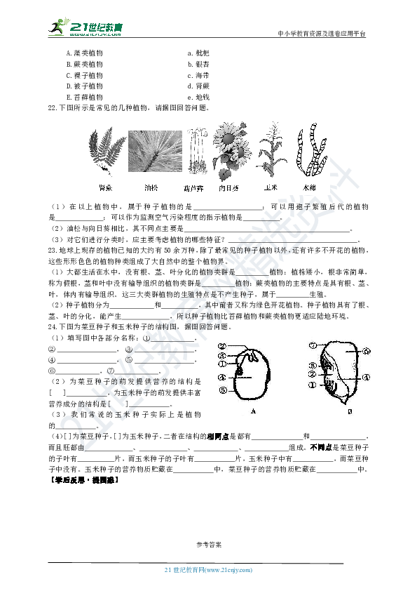 人教版初中生物总复习导学案第三单元第一章（含答案）