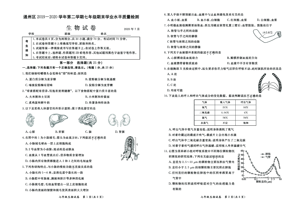 通州区2019-2020学年度第二学期七年级期末学业水平质量检测 生物试卷 （pdf版 含答案）