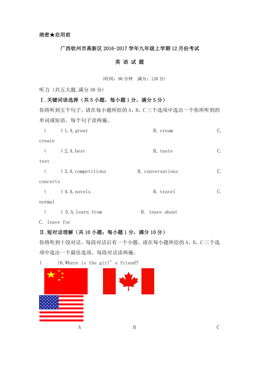 广西钦州市高新区2016-2017学年九年级上学期12月份考试英语试卷