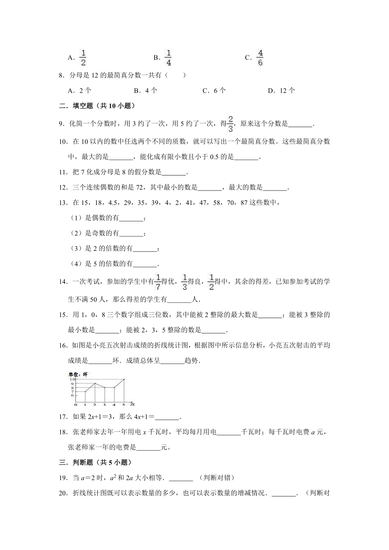 2020-2021学年苏教版小学五年级下册期中考试数学试卷（有答案）