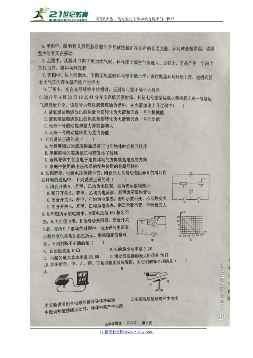 山东省汶上县2018届九年级物理下学期阶段性练习二（二模）试题（扫描版）
