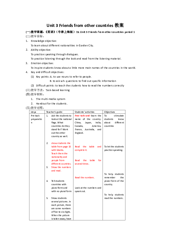 牛津上海七年级第一学期Module 1 Relationships Unit 3 Friends from other countries教案（4课时，含教后感）