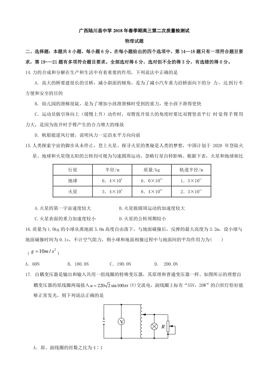 广西陆川县中学2018届高三下学期第二次质量检测物理试题 Word版含答案