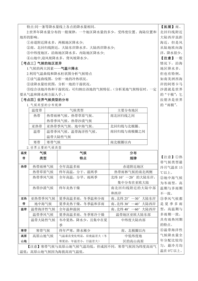 中考地理复习《降水的变化与分布、世界的气候》教案（表格式）