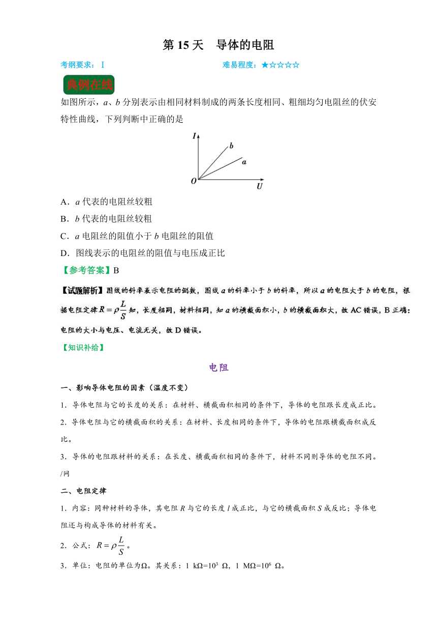 每日一题之2017快乐暑假高二物理人教版  第15天 导体的电阻  Word版含解析