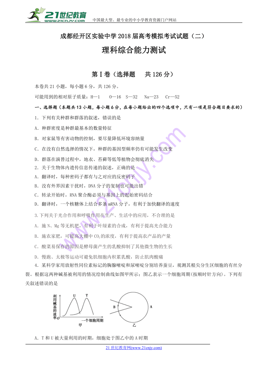 四川省成都经济技术开发区实验中学2018届高三高考模拟理科综合试题（二） Word版含答案