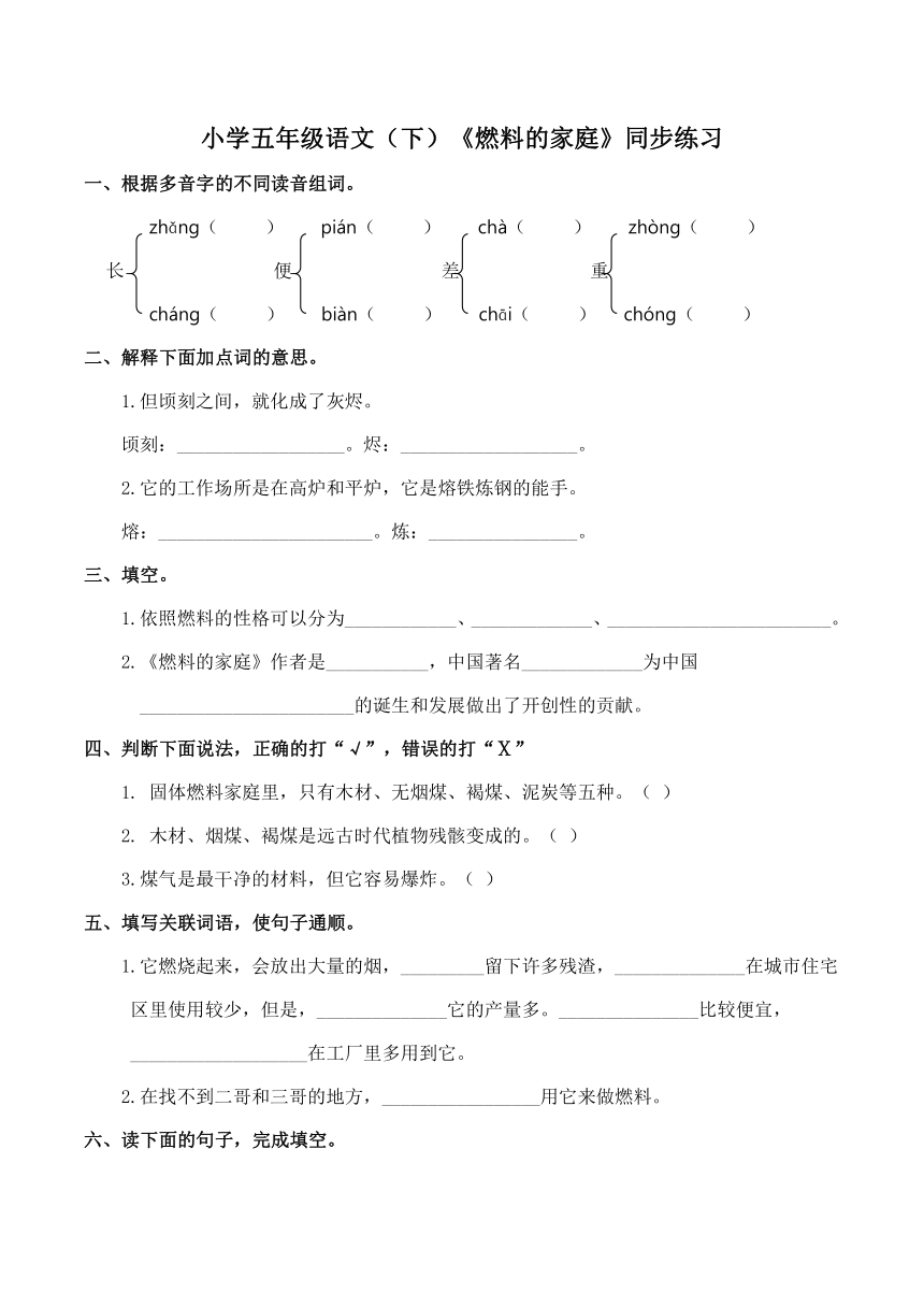 小学五年级语文（下）《燃料的家庭》同步练习9（含答案）