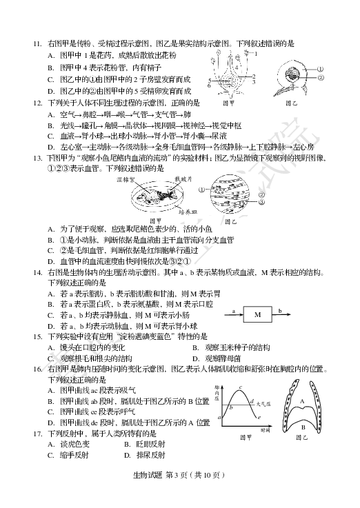 2019年山东省青岛市初中学业水平考试生物试题（pdf版，无答案）