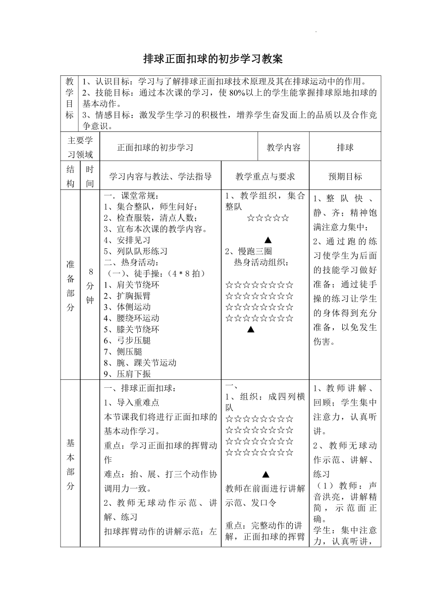 通用版五年级体育下学期排球正面扣球的初步学习教案表格式