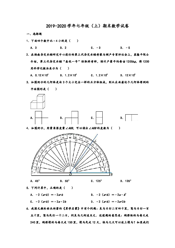 人教版2019-2020学年吉林省吉林市七年级（上）期末数学试卷 含解析
