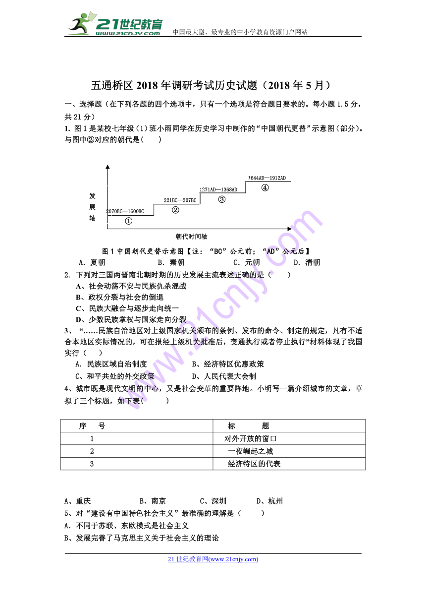 四川省五通桥区2018年九年级调研考试历史试题（含答案）