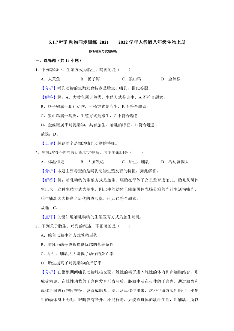 5.1.7哺乳动物同步训练 （word版含解析）2021——2022学年人教版八年级生物上册