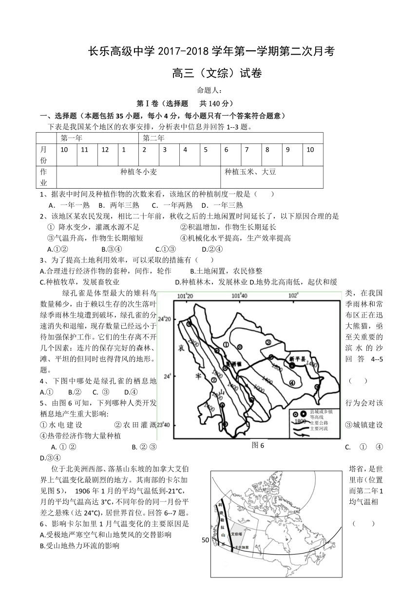 福建省福州市长乐高级中学2018届高三上学期第二次月考文科综合试题 Word版含答案