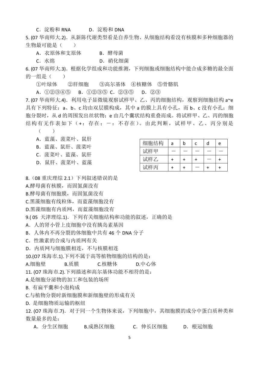 2009届高考生物考点预测细胞的结构和功能