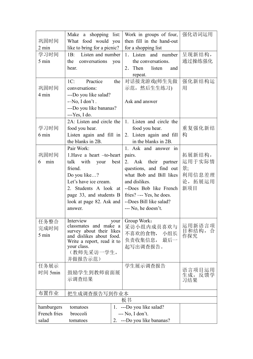 Unit6 Do you like bananas ?Section A 表格式教案