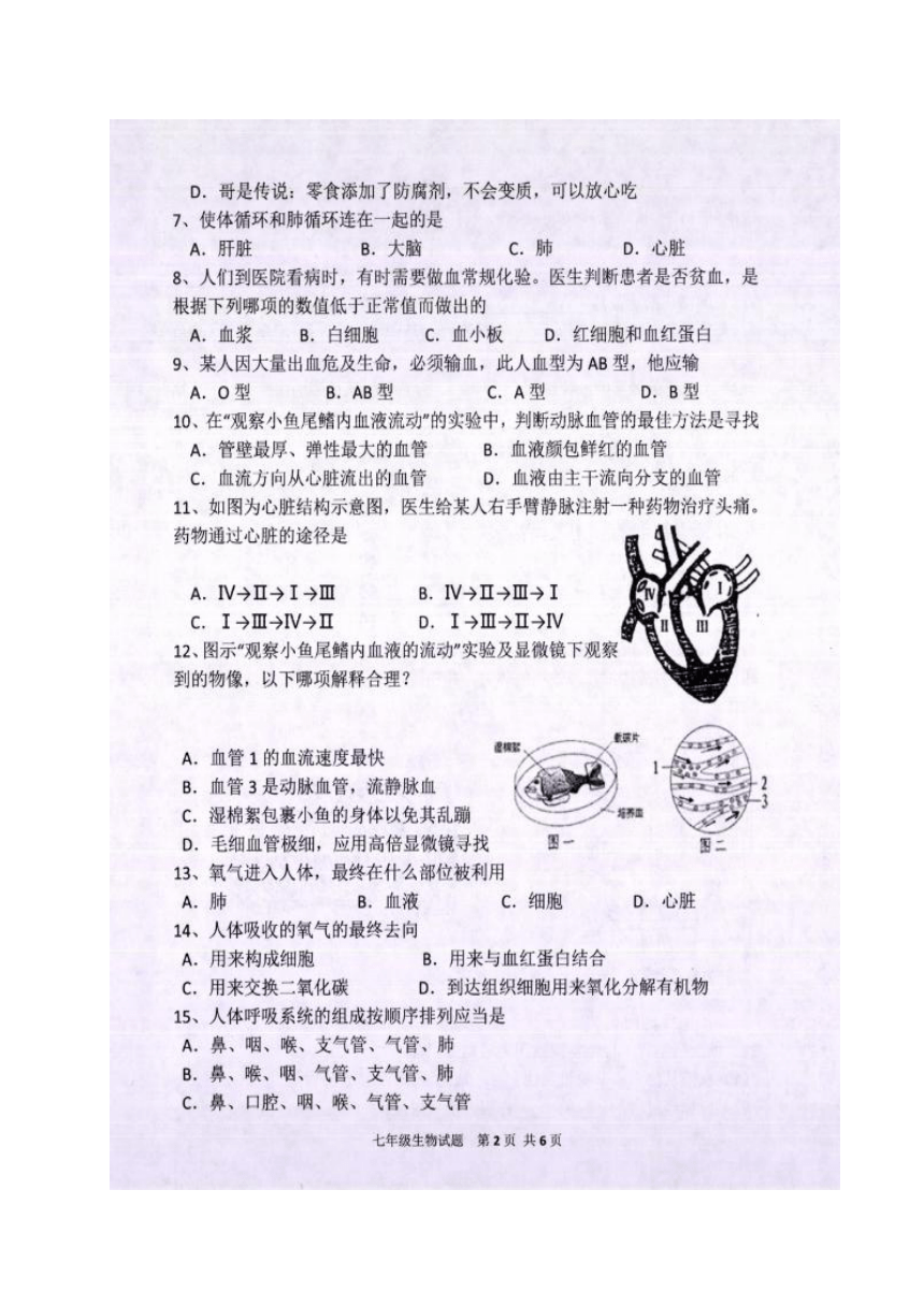 重庆市南岸区2016-2017学年七年级下学期期末考试生物试题（图片版，含答案）