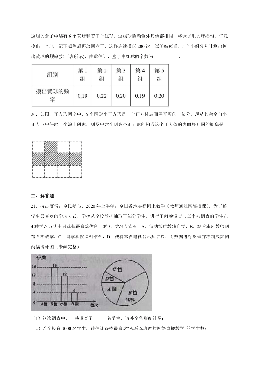 20212022学年人教版初中数学九年级上册第二十五章概率初步单元测试卷